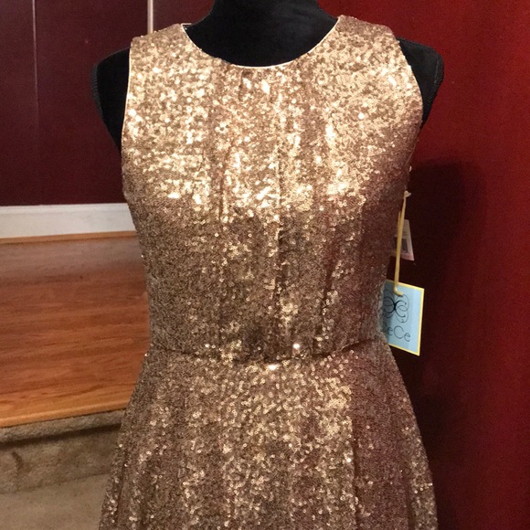 CeCe- Gold Sequin Blouson Metallic Dress Size 2 - Picture 3 of 7